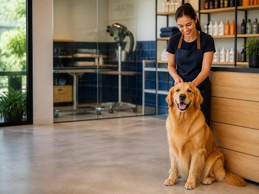 Tosadora sorrindo faz carinho num golden retriever no balcão de um pet shop